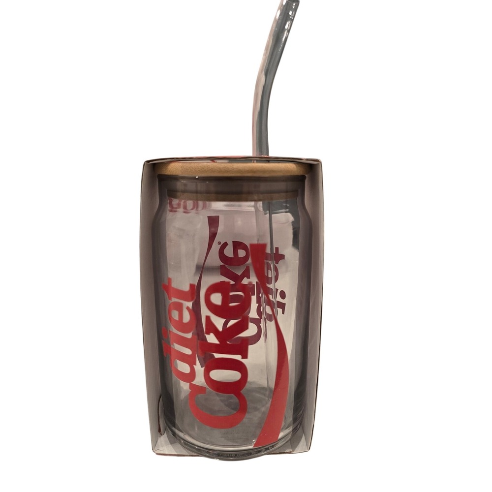 Diet Coke Glass Tumbler with Bamboo Lid and Glass Straw 16 oz Soda Can Shape